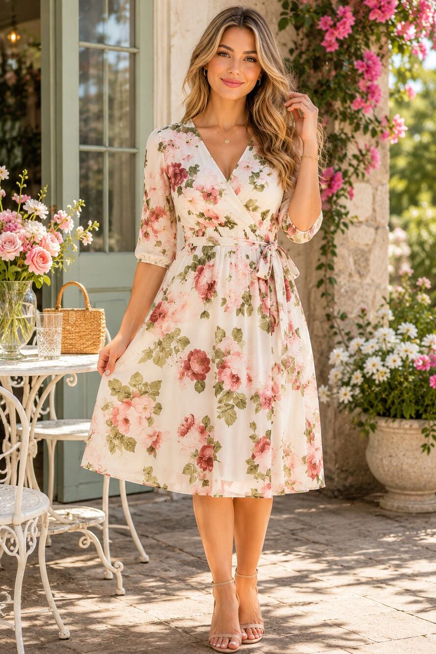 Shelby & Palmer Floral Chiffon Faux Wrap Dress Size 8 Coquette Garden Party
